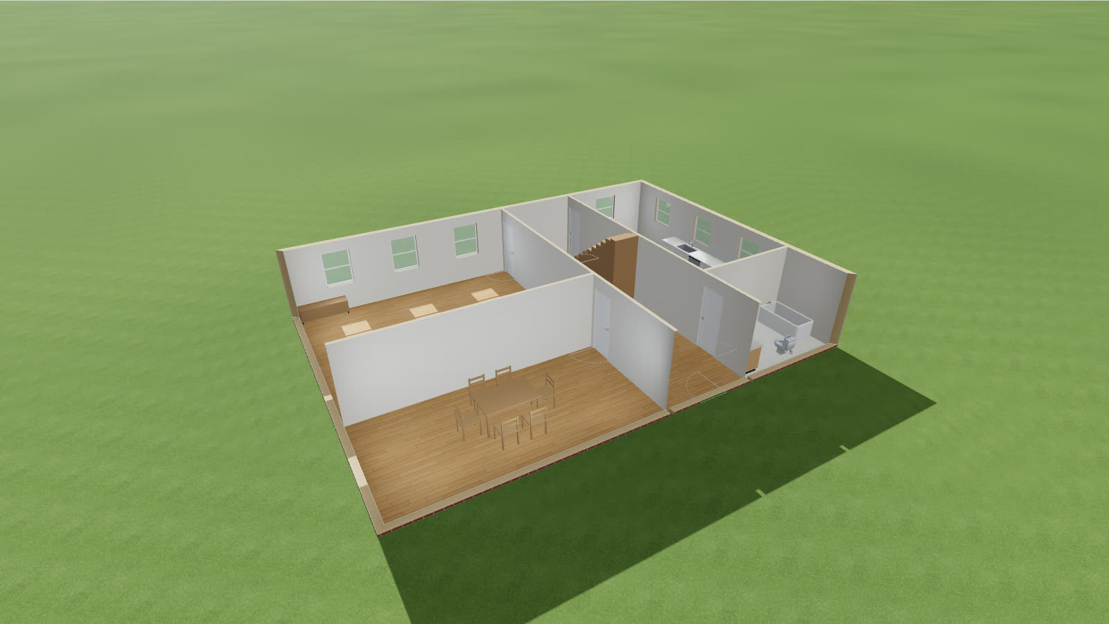 A two-storey house cut away in 3D, its rooms furnished